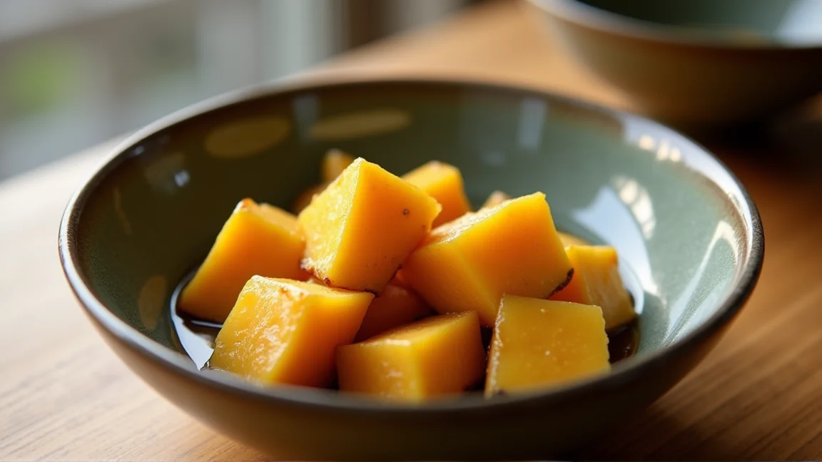 角が残ったまま煮上がったかぼちゃの煮物を器に盛った様子