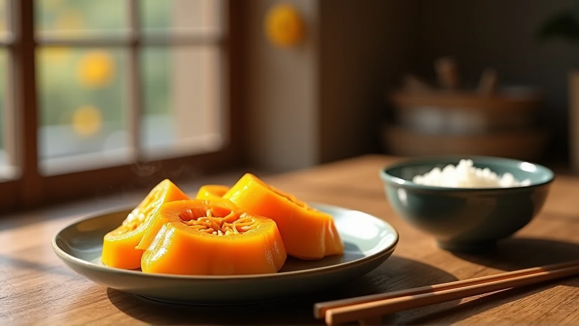 形のそろったかぼちゃの煮物が並ぶ秋の食卓