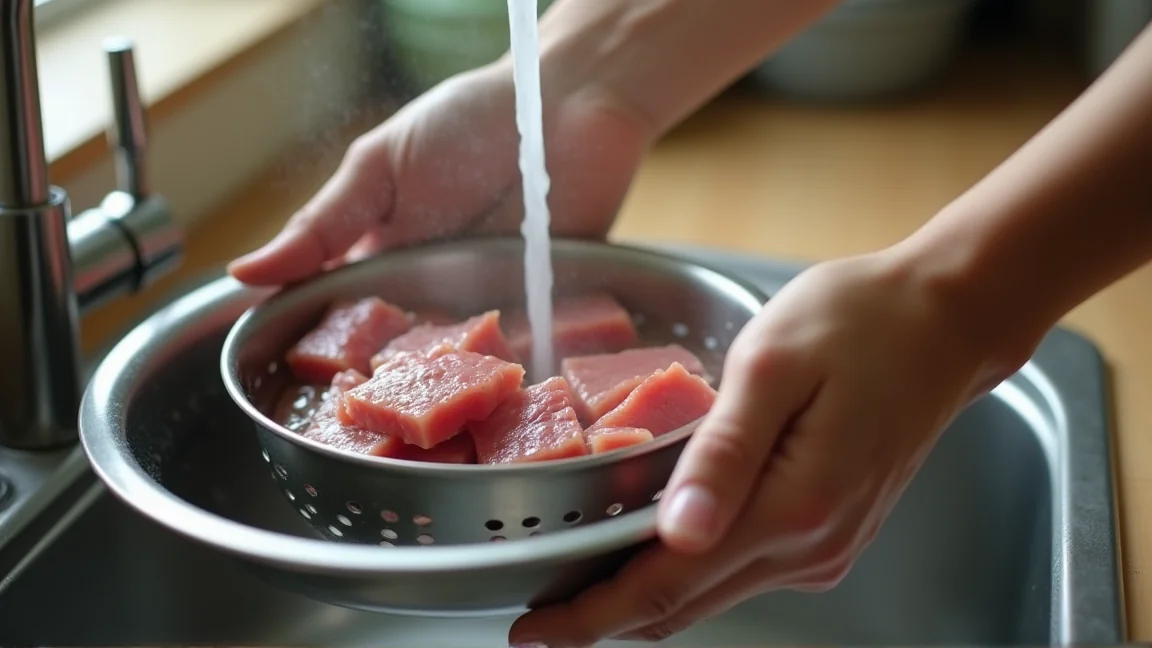 茹でこぼした牛すじをざるにあげて流水で洗う手元