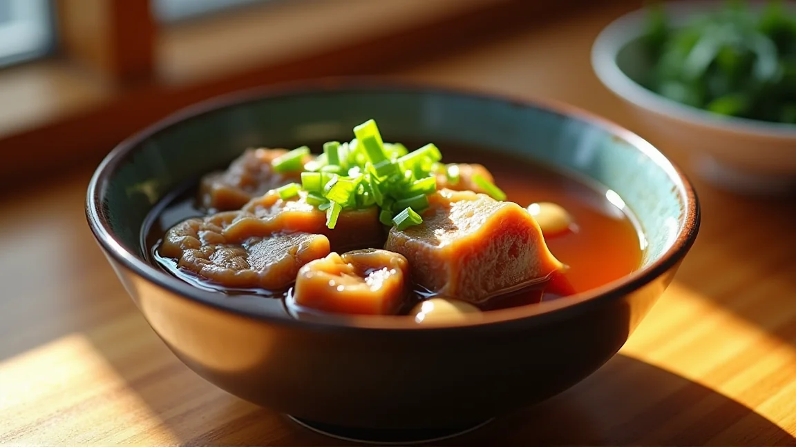 器に盛った牛すじとこんにゃくの煮込み