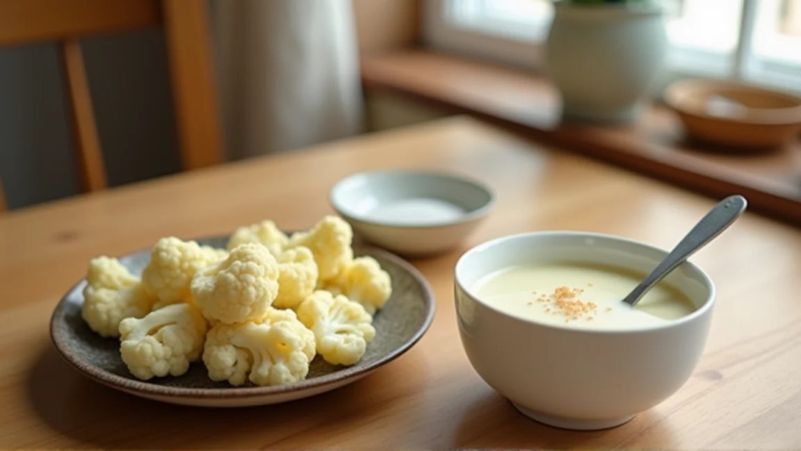 冷凍カリフラワーで作ったポタージュと温野菜