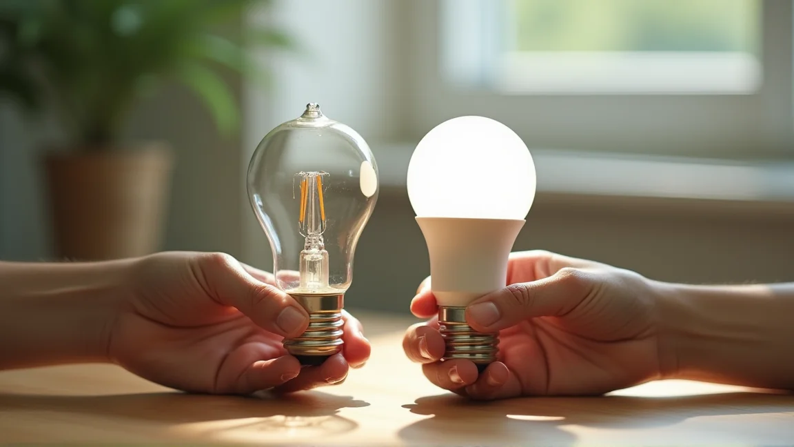 切れた白熱電球とLED電球を手に持って見比べる様子