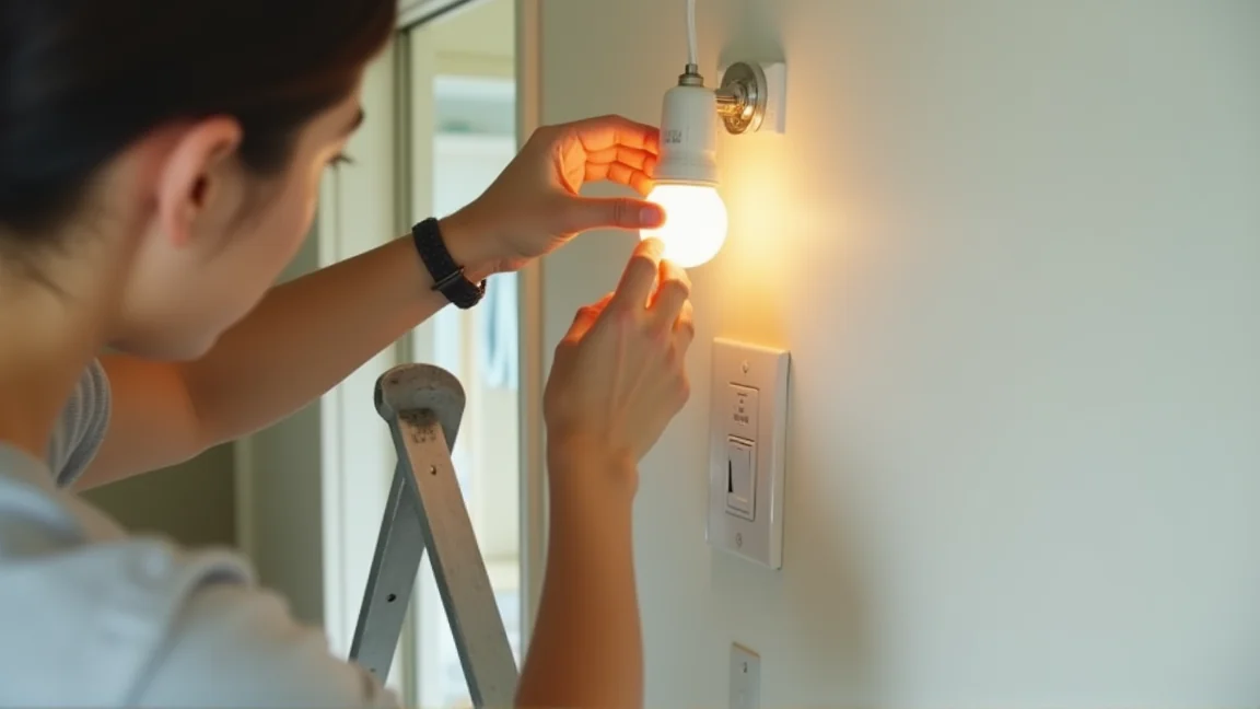 スイッチを切ってから脚立に乗って天井の電球を外す手元
