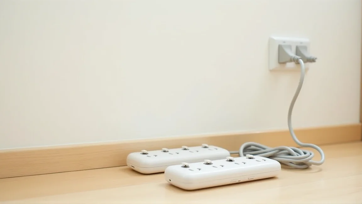 シャッター付きの新しい電源タップと整えられたコード