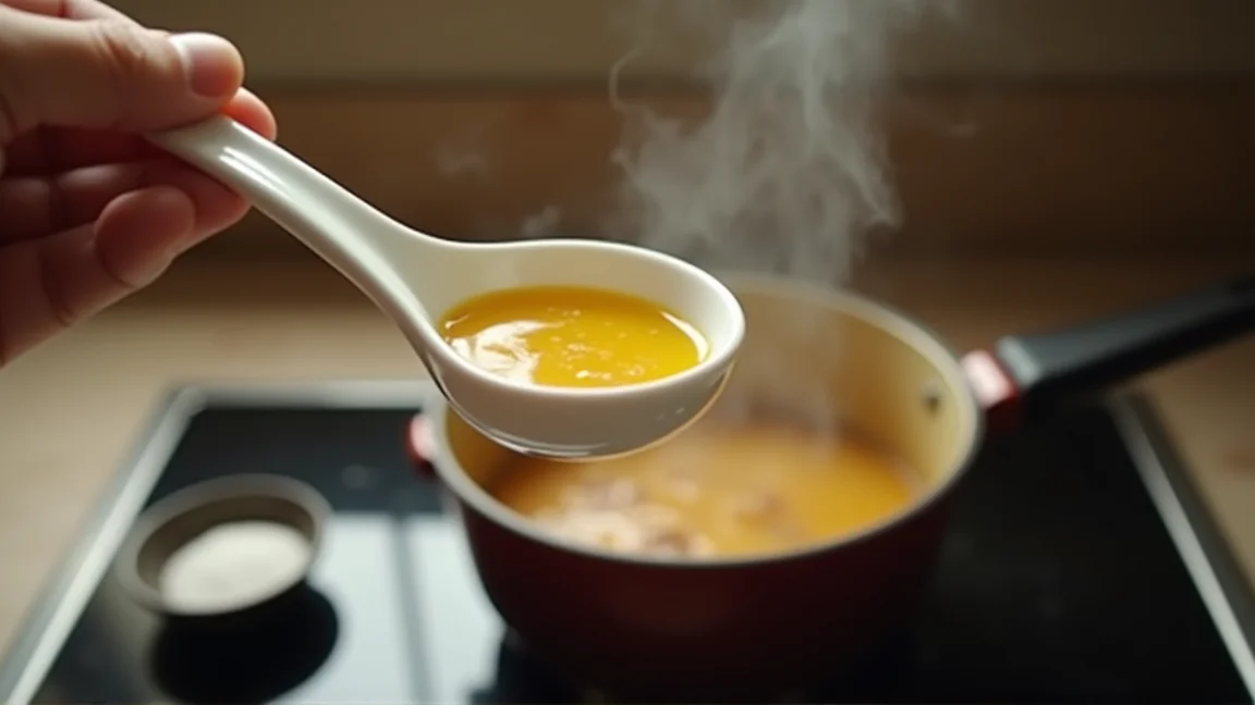 小皿にスープを取って味見をする手元