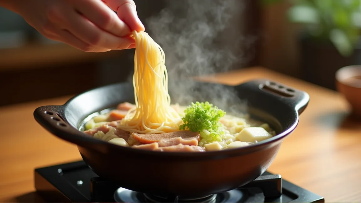 煮えた鍋に乾燥春雨をそのまま入れる手元