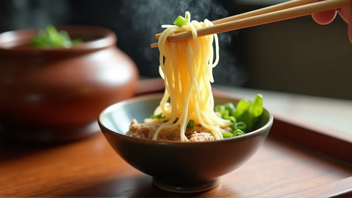 鍋から取り分けた春雨と野菜の入った器