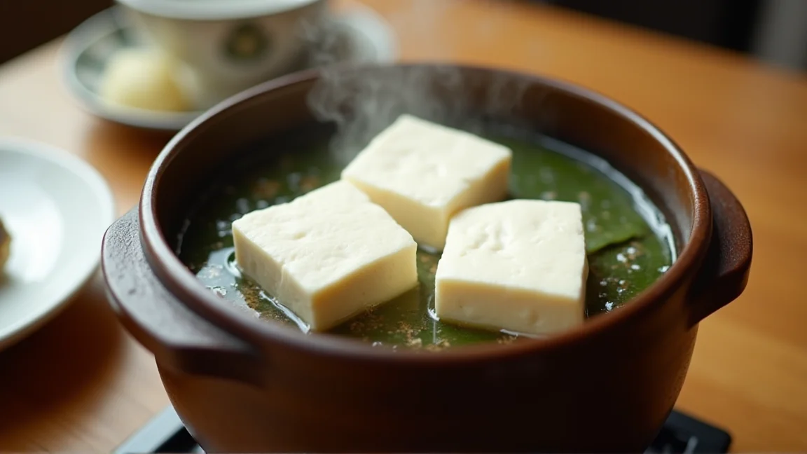 昆布を敷いた土鍋の中で静かに温まる大きめの豆腐