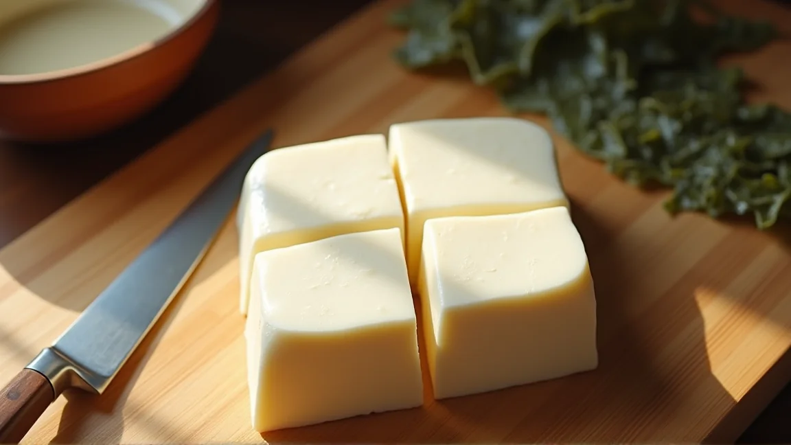 まな板の上で大きめに切り分けた豆腐と、そばに置いた昆布