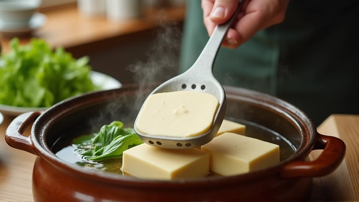 穴あきお玉で土鍋の豆腐を下からすくい上げる手元