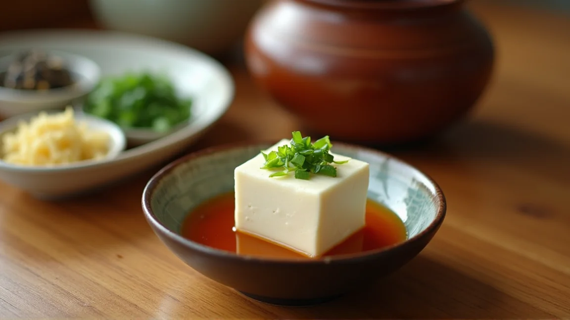 取り皿に移した湯豆腐と、小皿に並べた薬味