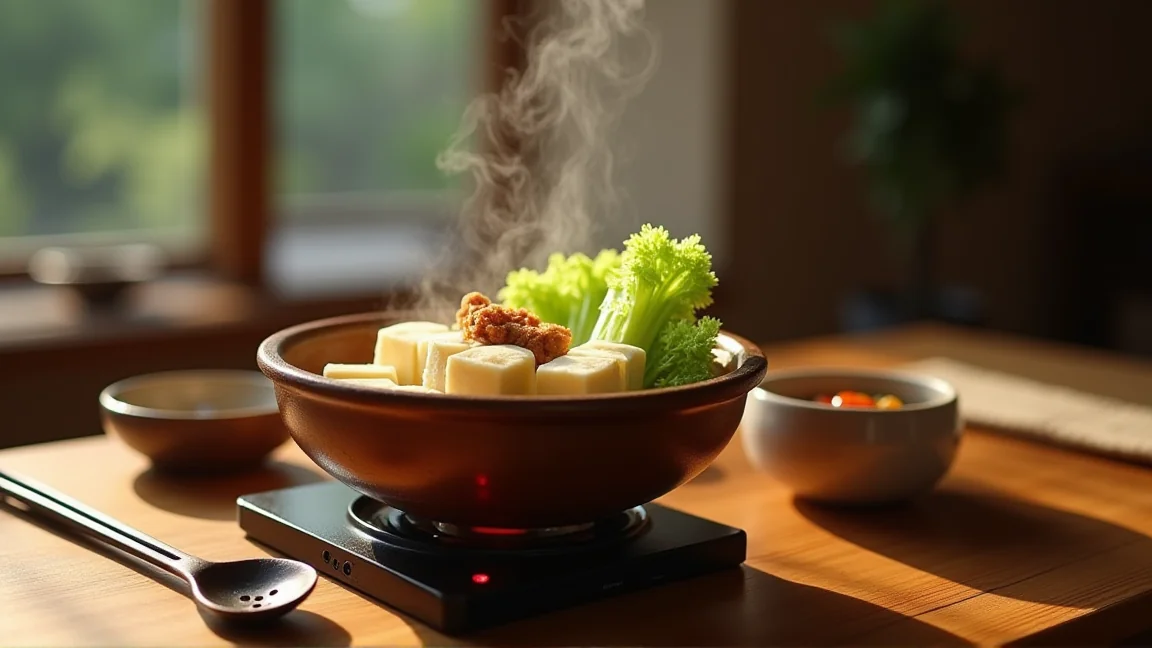 湯気の立つ土鍋と取り皿、穴あきお玉が並んだ食卓