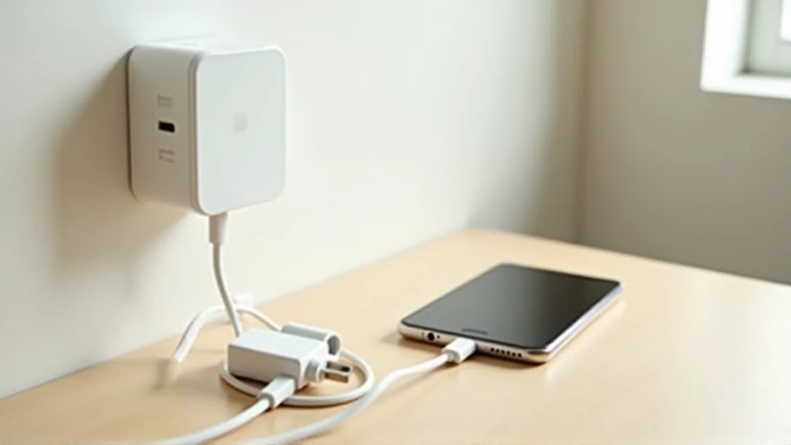 机に並べた充電器と2本のケーブル、無地のスマホ