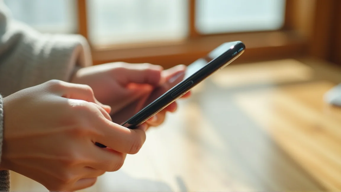 明るい窓辺でスマホの充電端子を確かめる手元