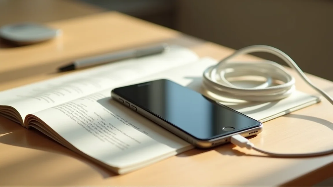 充電をやめて机に置いたスマホと取扱説明書