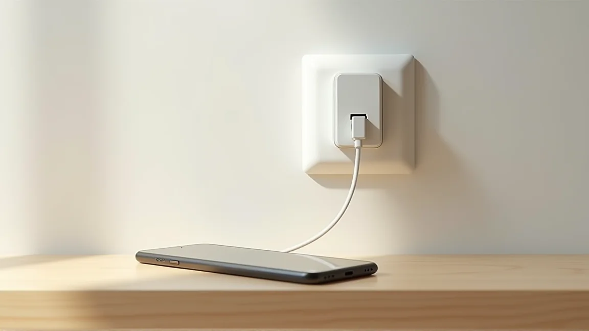 壁のコンセントに差した充電器と棚の上のスマホ