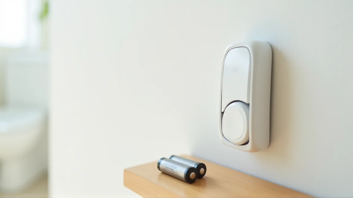 電池ぶたを開けた壁掛けリモコンと、交換用の乾電池
