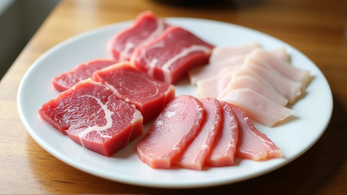 部位ごとに分けて大皿に並べた牛と豚の薄切り肉