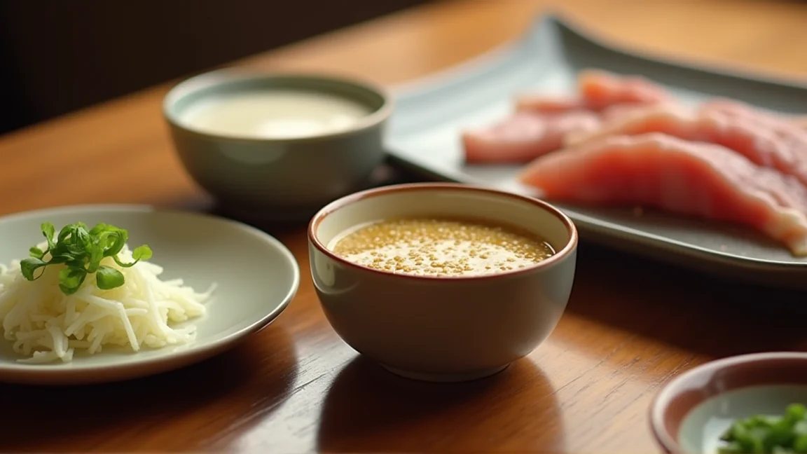 ポン酢とごまだれの小鉢、薬味、薄切り肉の皿が並んだ食卓