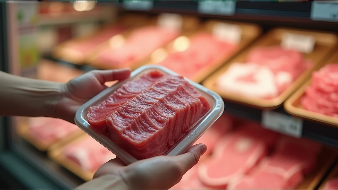 スーパーの精肉売り場で薄切り肉のパックを手に取る手元