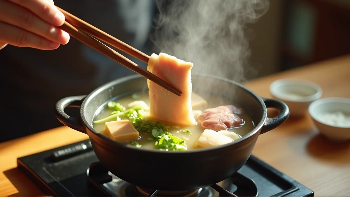 卓上コンロの鍋で薄切り肉を箸で湯にくぐらせる手元