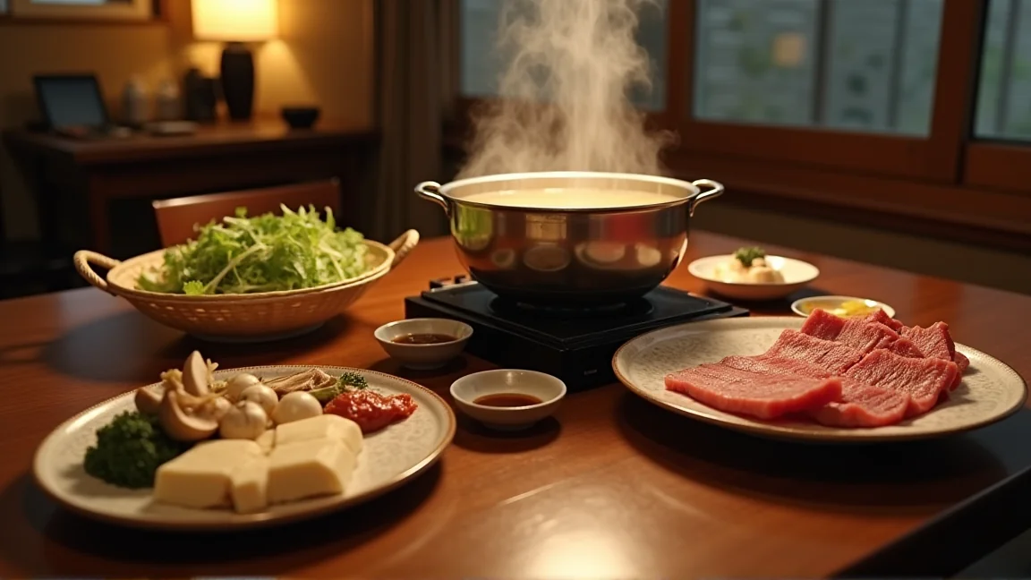 鍋と薄切り肉の皿、野菜、たれの小鉢が並んだ家庭の食卓