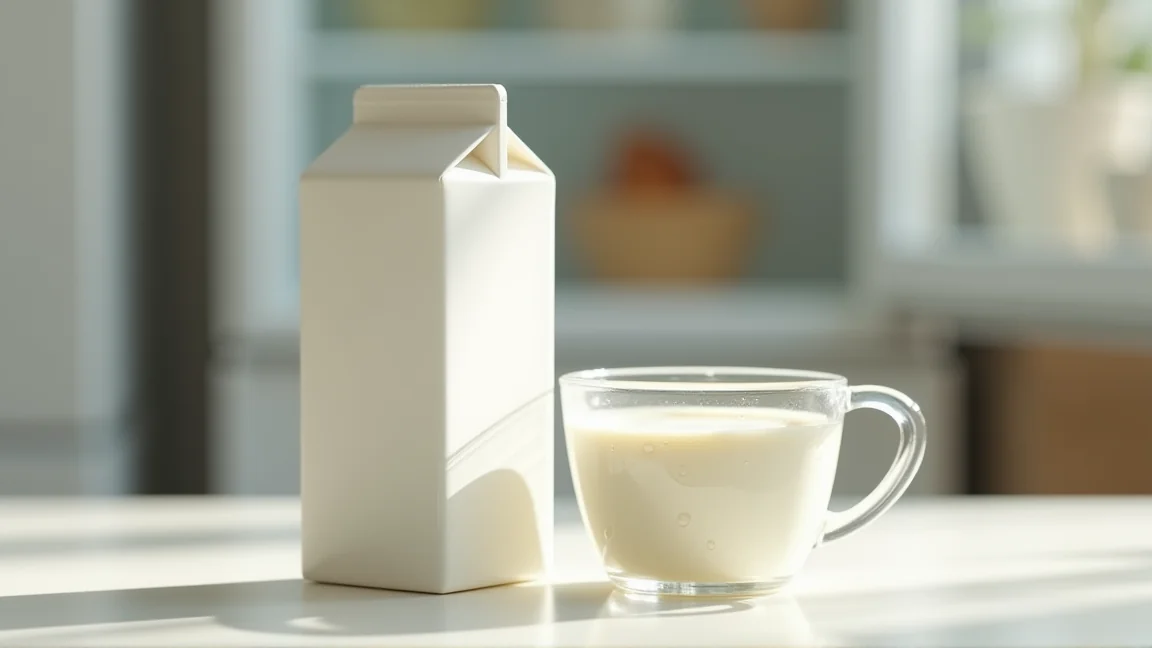 冷蔵庫から出したばかりの冷えた紙パックのクリームと計量カップ