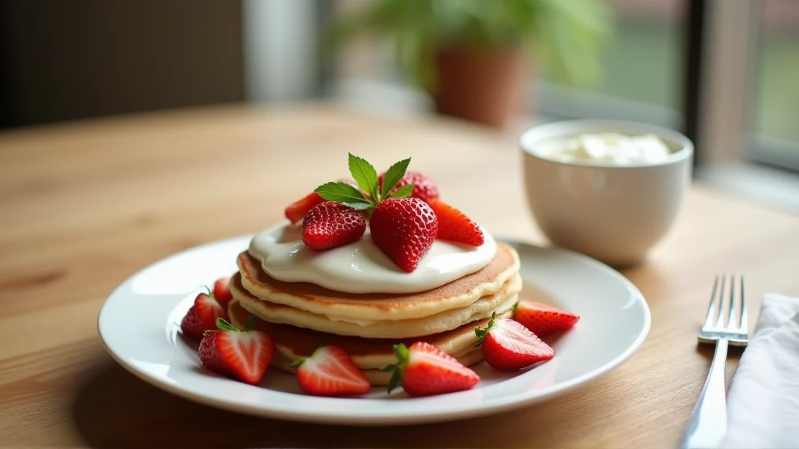 ゆるめのクリームをかけたパンケーキといちご