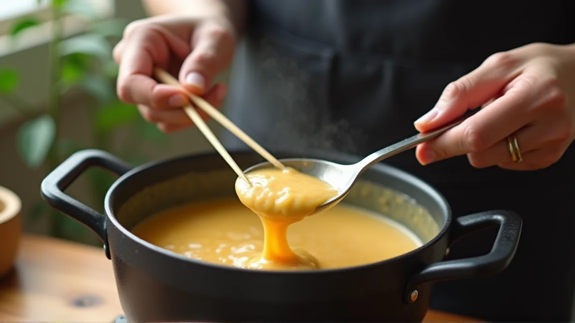 お玉の中でルウを菜箸で溶きのばす手元