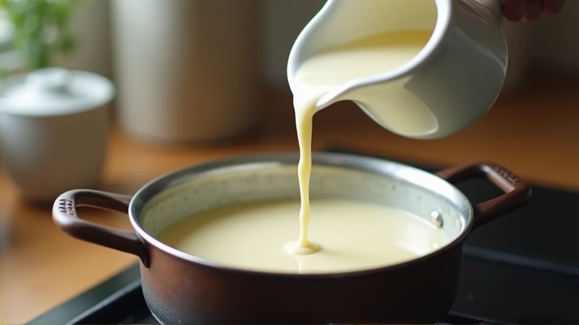 温め直すシチューの小鍋に牛乳を注ぐ様子