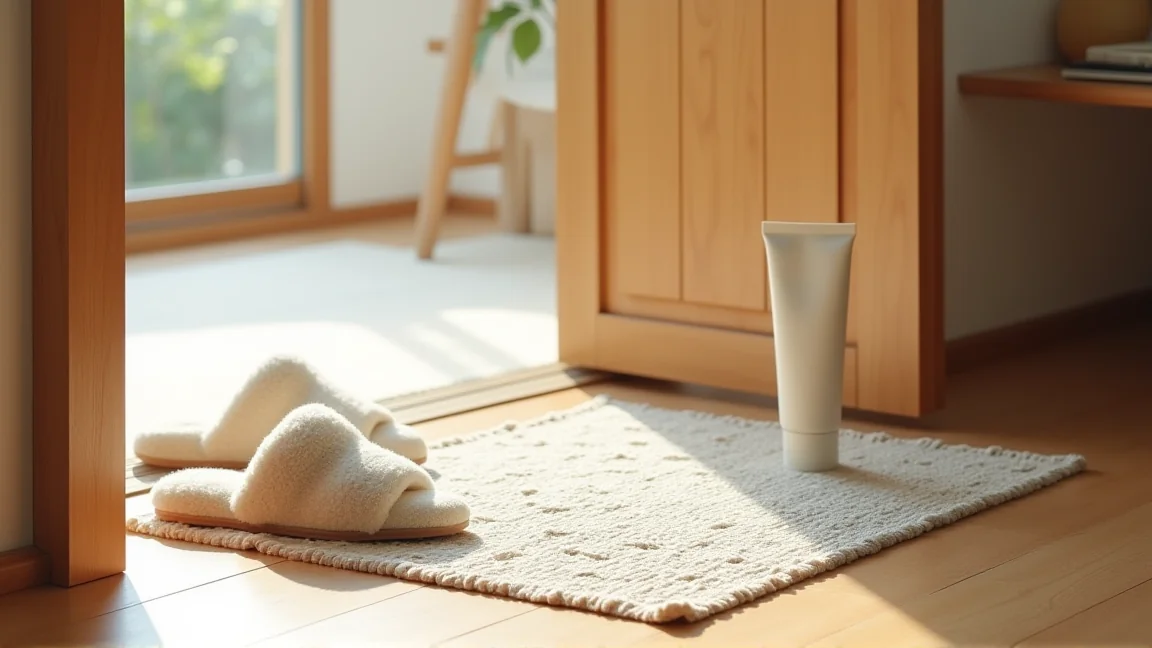 木の床に敷いた綿の玄関マットとスリッパ、棚のハンドクリーム