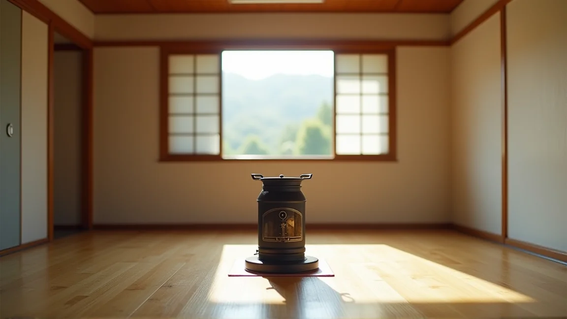 周りに物を置かずに据えた石油ストーブと少し開けた窓