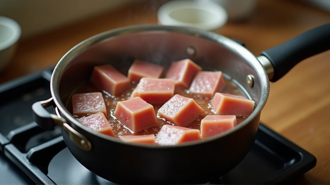 弱火で静かに煮えている豚バラ肉の鍋