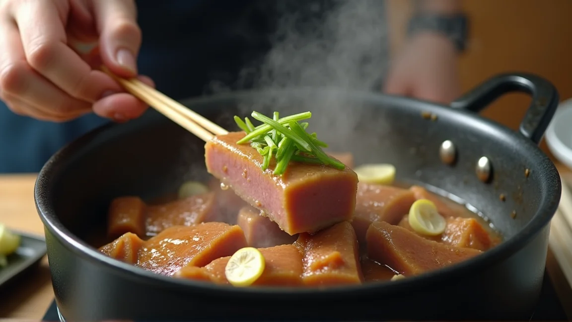 下ゆで中の豚バラ肉に竹串を刺す手元