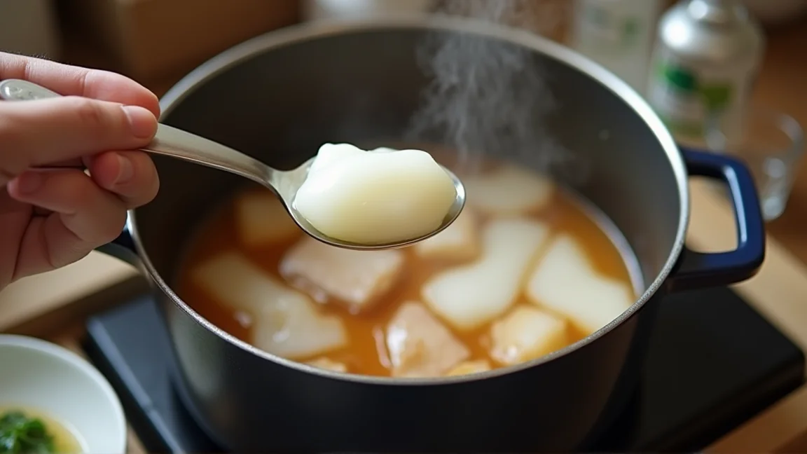 煮汁に白く固まった脂をスプーンですくう手元
