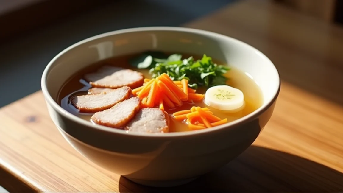 食卓に置いた具だくさんの豚汁