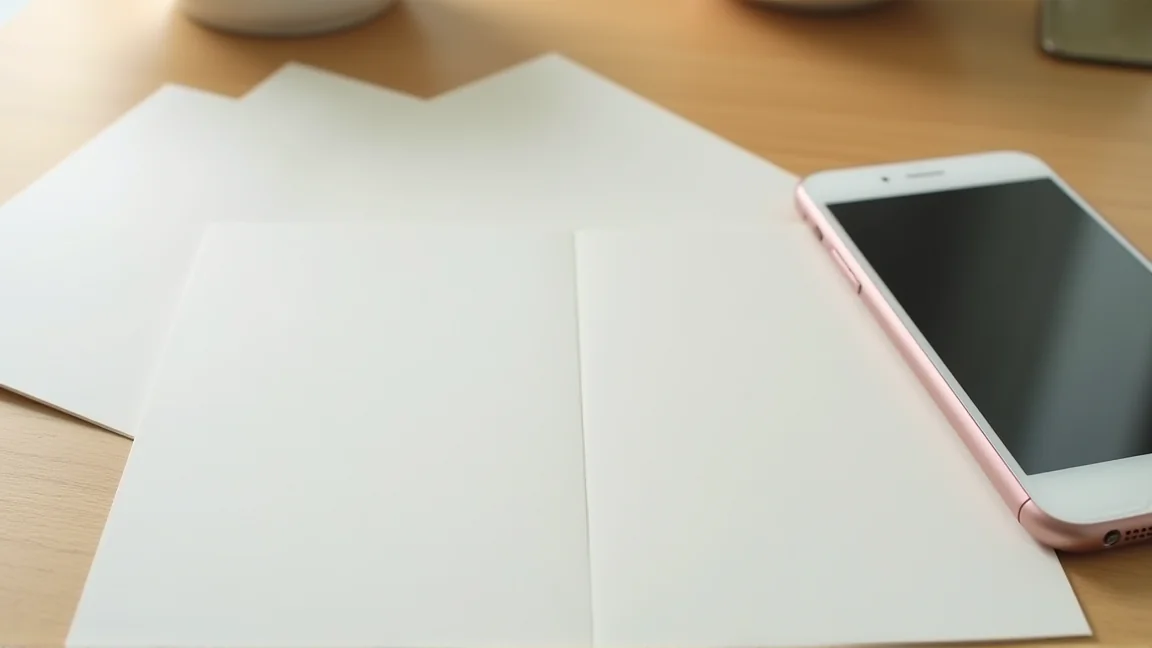 画面を伏せたスマートフォンと無地のはがき