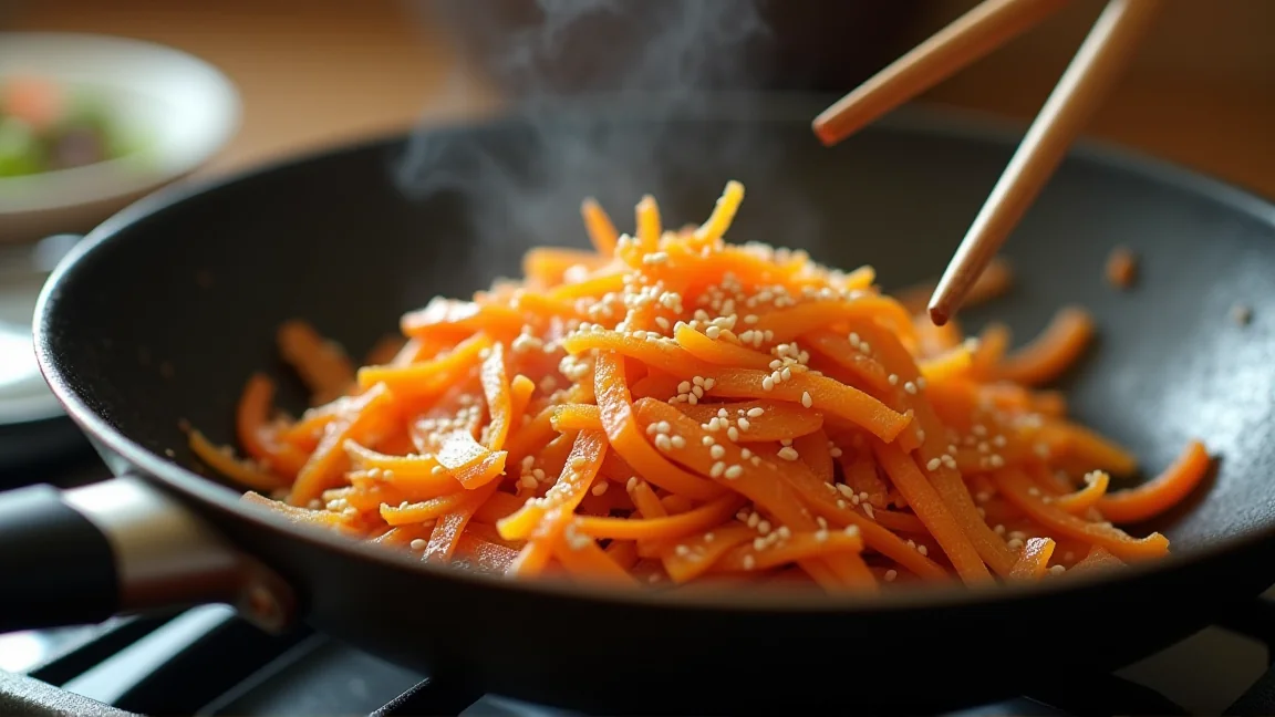 フライパンで炒めているごぼうとにんじんのきんぴら