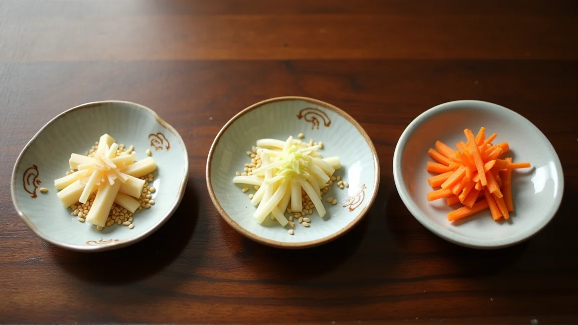 切り方の違うきんぴらごぼうを3つの小皿に盛り分けたところ