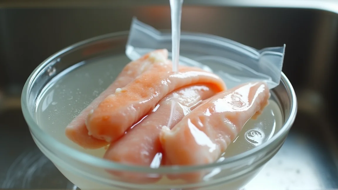 袋ごとボウルの水に沈めた生のカニのポーション