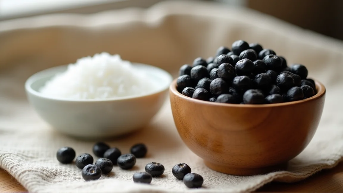 木の器に入れた乾燥黒豆と、小皿の砂糖