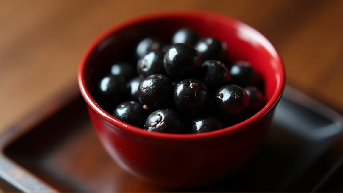 朱塗りの小鉢に盛った、つやのある黒豆の煮豆