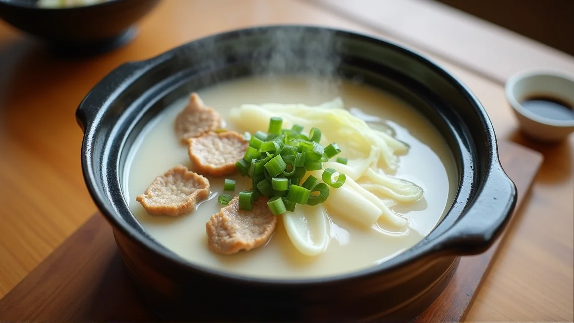土鍋の中のなめらかな白い豆乳スープと白菜・豚肉・しめじ