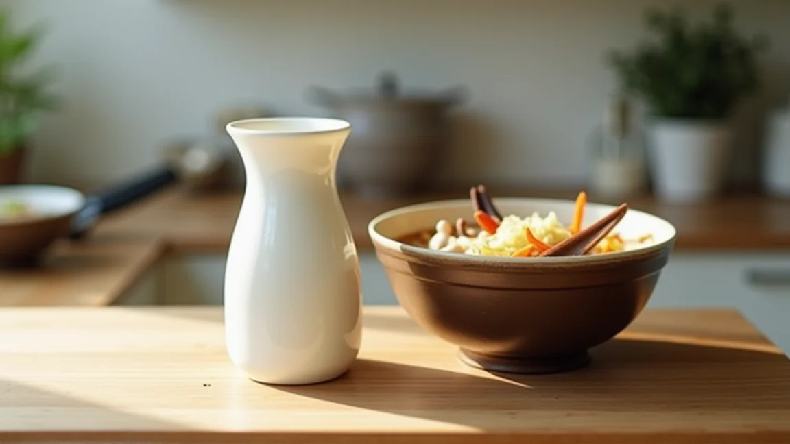 白いピッチャーに入れた豆乳と、器に用意した鍋の具材