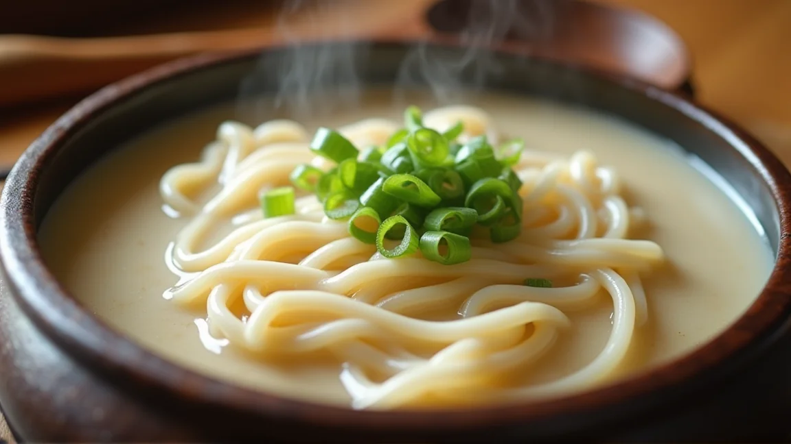 白い豆乳スープにうどんを入れた締めの土鍋