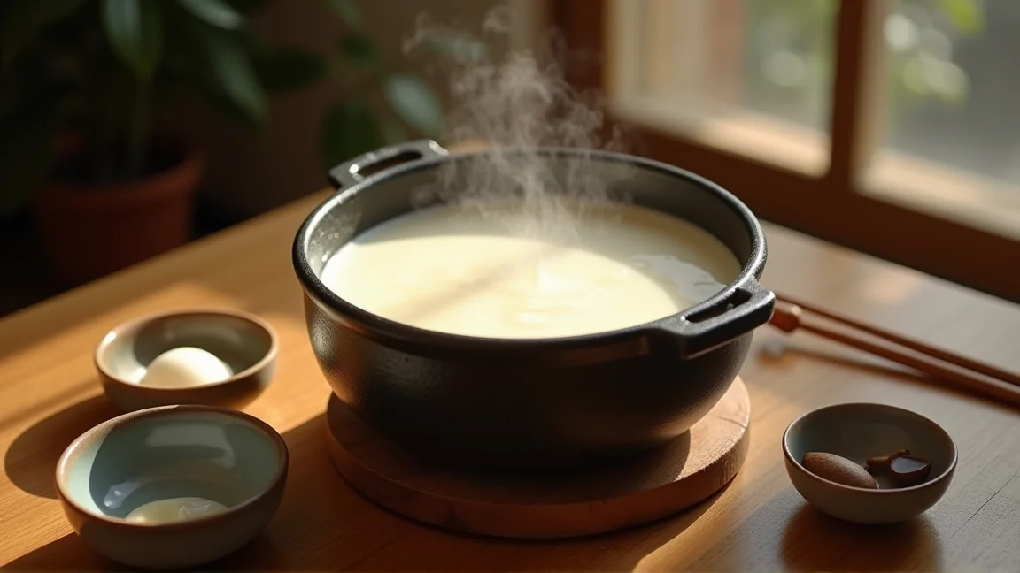 静かに湯気が立つ豆乳鍋の土鍋と取り分け用の器