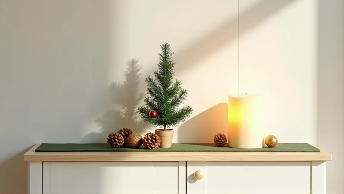 玄関の白い靴箱の上に置いた卓上のミニツリーと松ぼっくり、LEDキャンドル