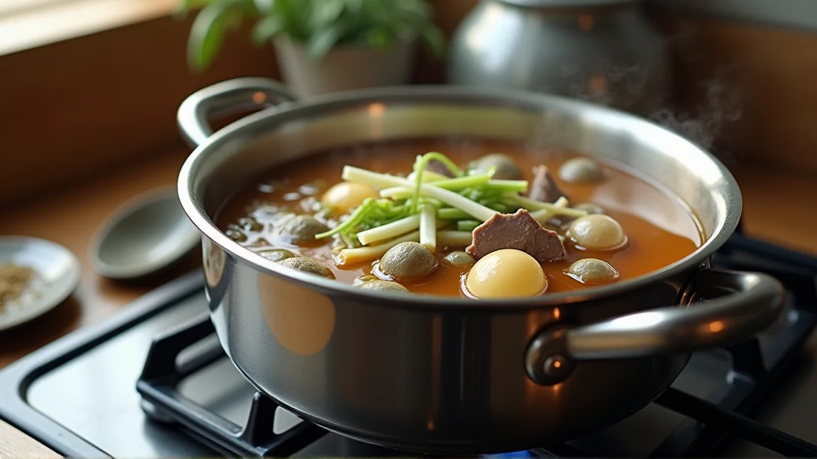 コンロの上の鍋で煮えている醤油味の芋煮