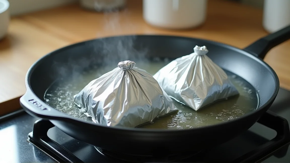 ガラスぶたをしたフライパンの中で蒸されるホイル包み