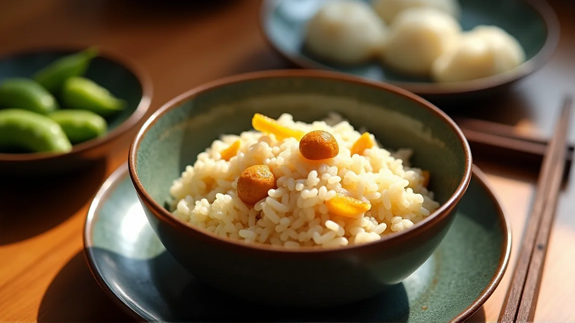 お供えのあとに食卓へ並べた栗ご飯と枝豆、小皿の団子